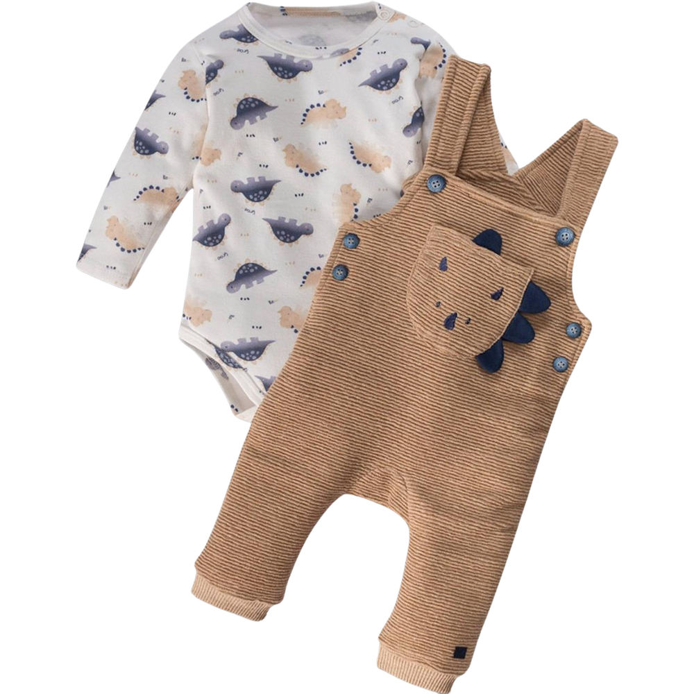CONJUNTO JARDINEIRA LONGA E BODY BEBÊ MENINO DINOSSAURINHO