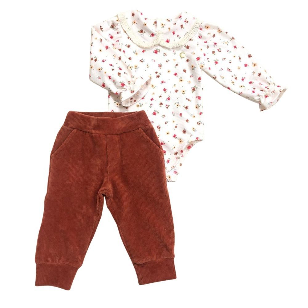 Conjunto Longo Bebê Menina Body Florido E Calça Em Veludo 