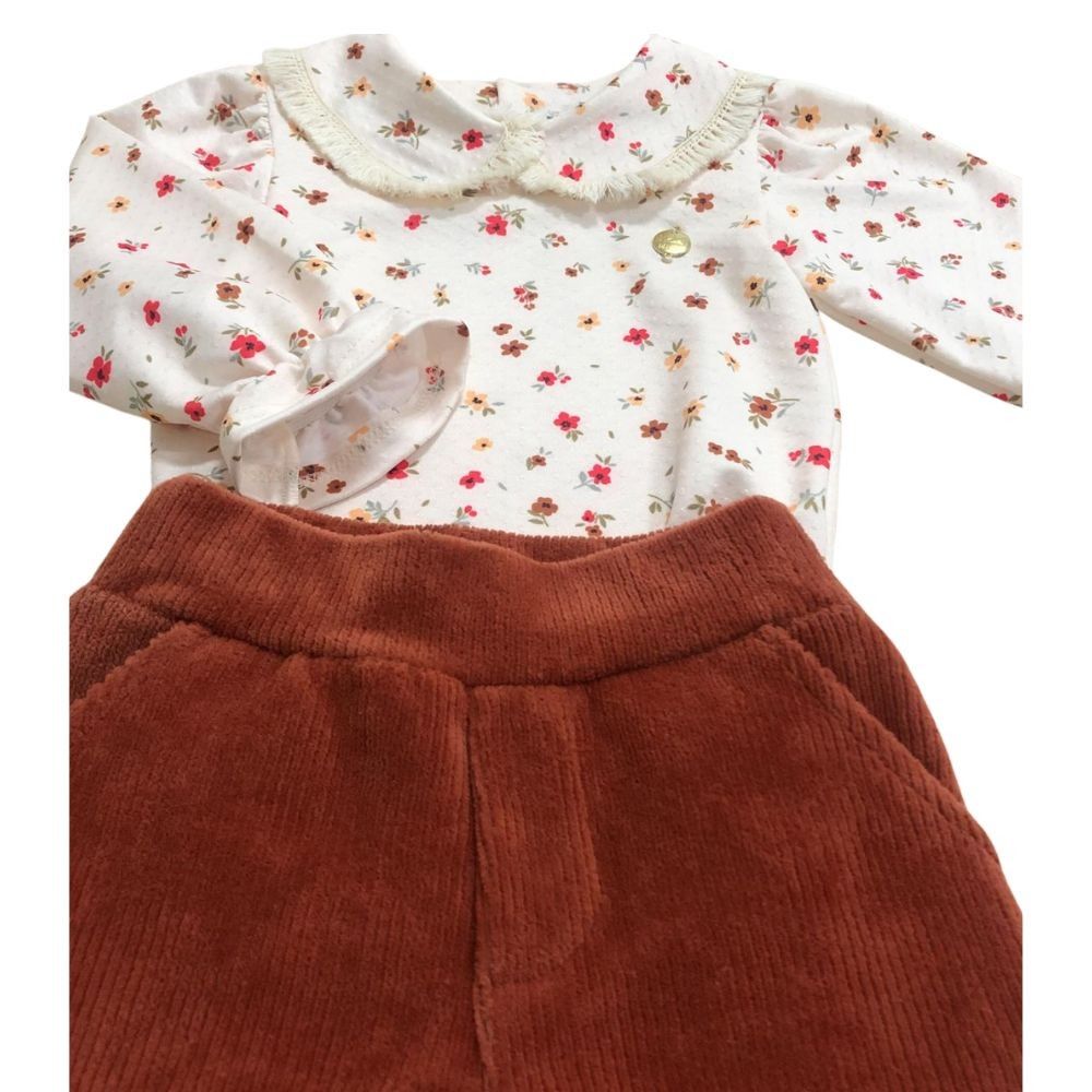 Conjunto Longo Bebê Menina Body Florido E Calça Em Veludo 