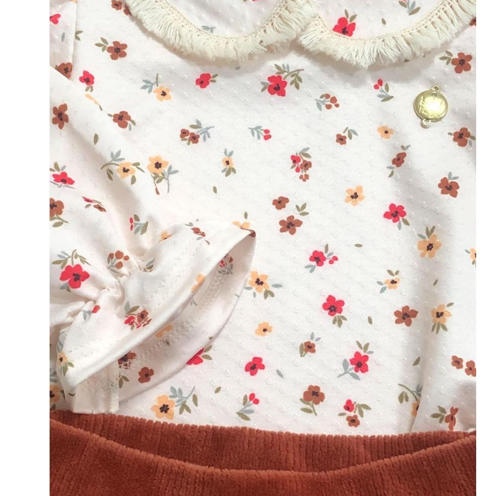 Conjunto Longo Bebê Menina Body Florido E Calça Em Veludo 