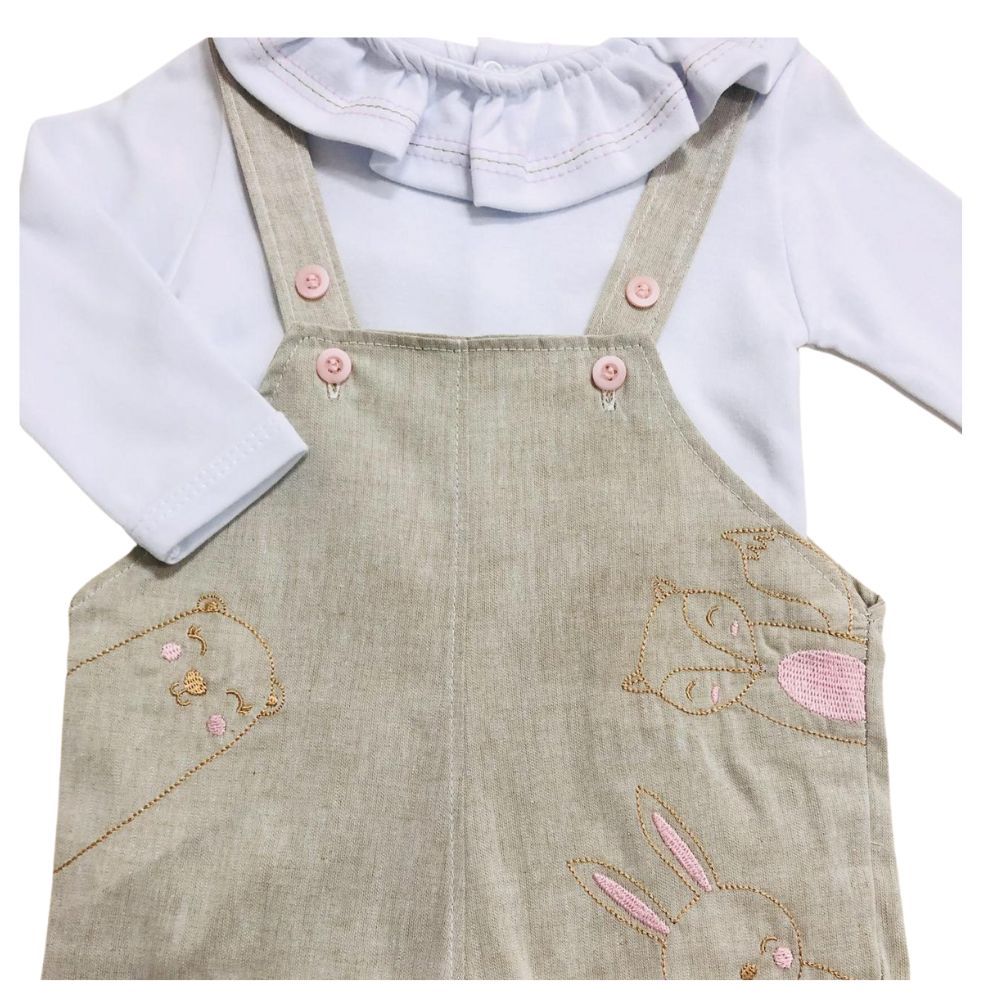 Conjunto Jardineira Longa E Body  Bebê Menina Bichinhos