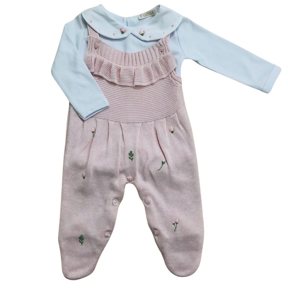 Conjunto  Bebê Menina Jardineira Em Tricô E Body 