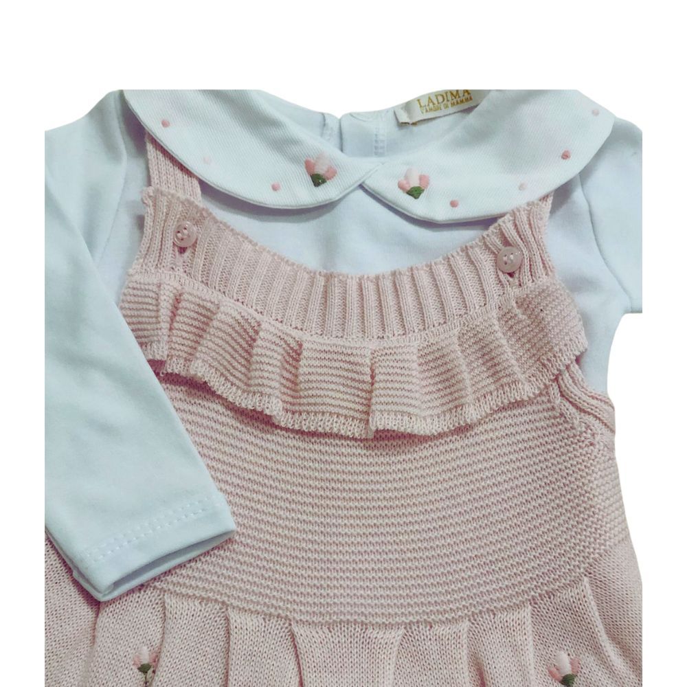 Conjunto  Bebê Menina Jardineira Em Tricô E Body 