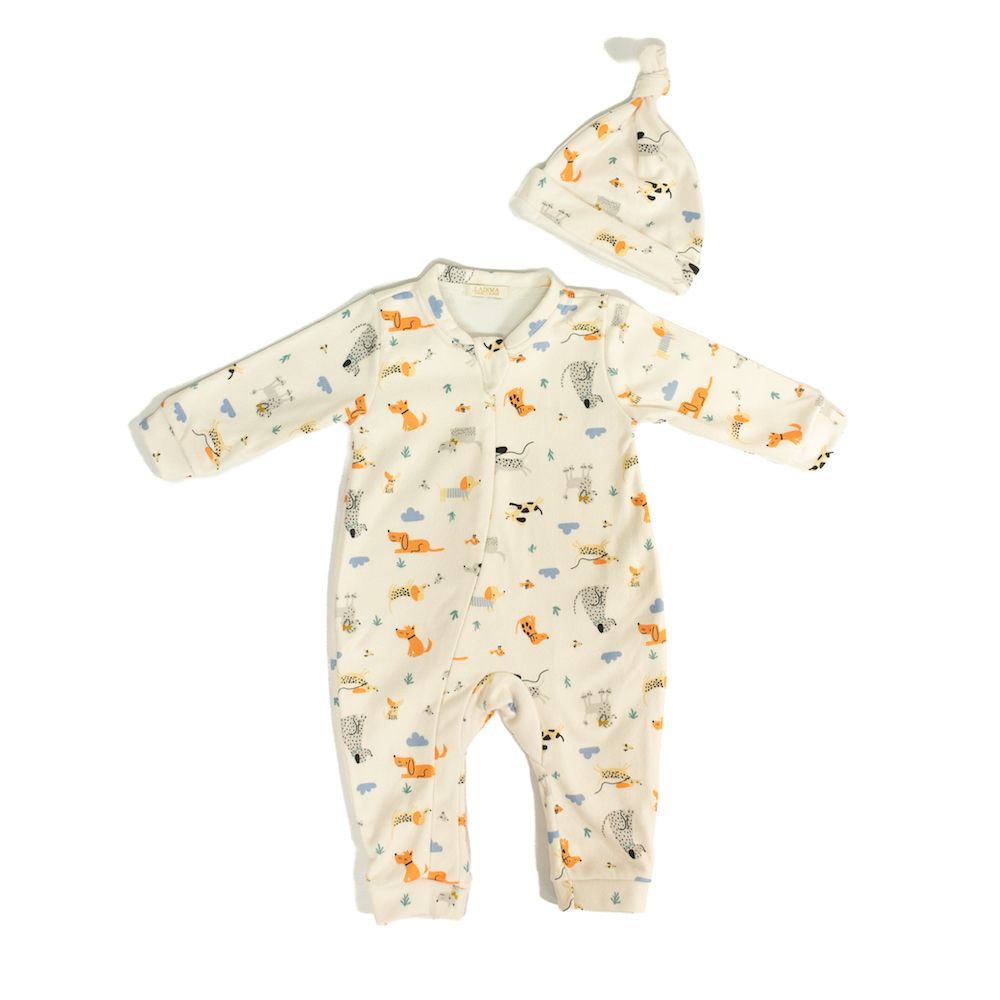 CONJUNTO MACACÃO BEBÊ PIJAMA COM GORRO ESTAMPADO DOG