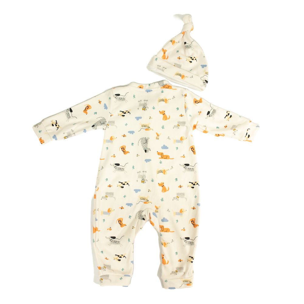 CONJUNTO MACACÃO BEBÊ PIJAMA COM GORRO ESTAMPADO DOG