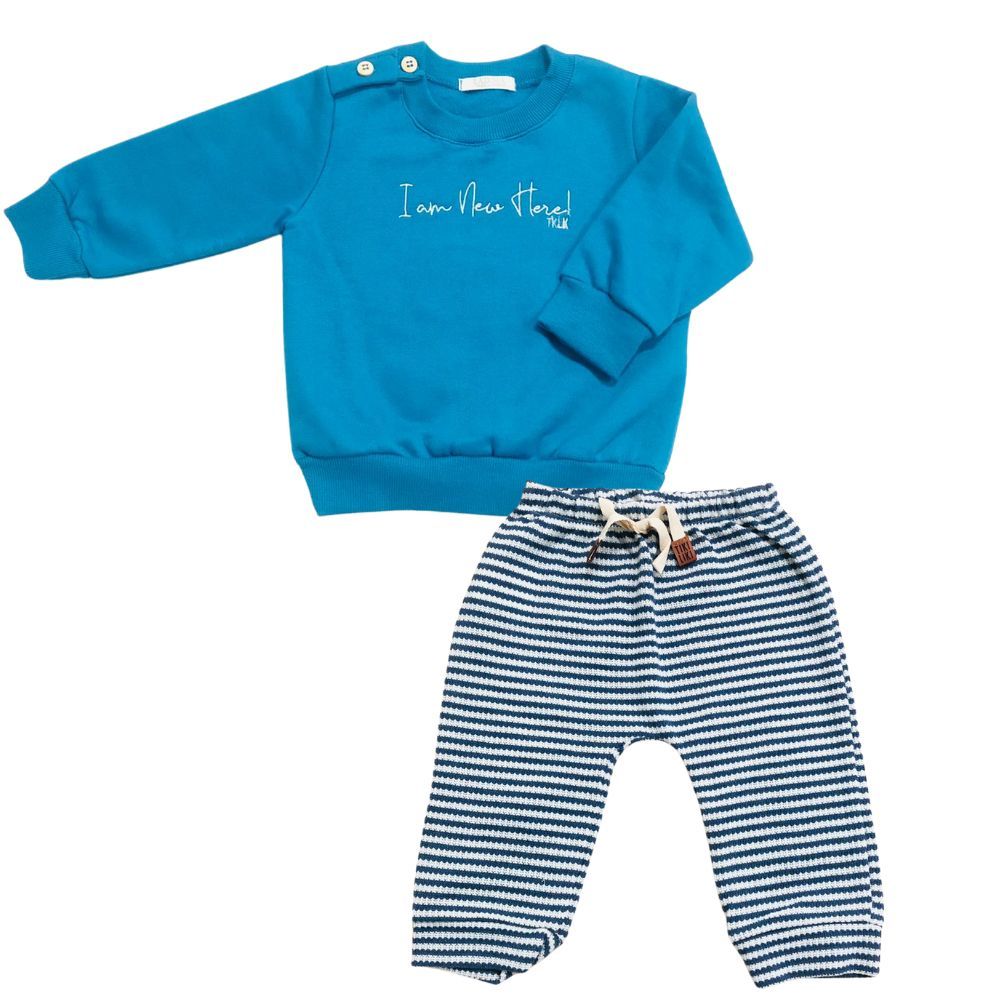 CONJUNTO BEBÊ MENINO BLUSA MOLETOM E CALÇA SARUEL EM MALHA LISTRADA