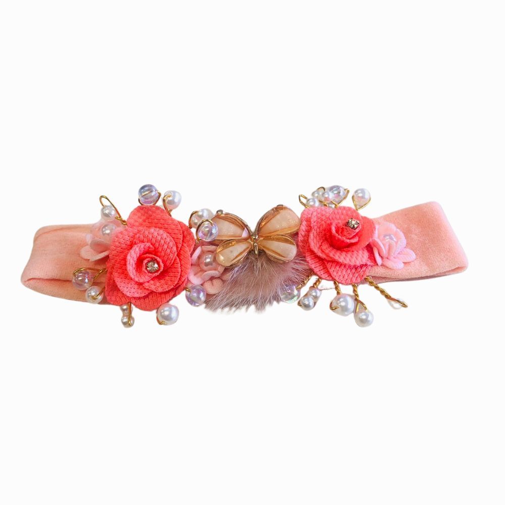 Faixa de Cabelo Bebê Borboleta e Flores com Pérolas
