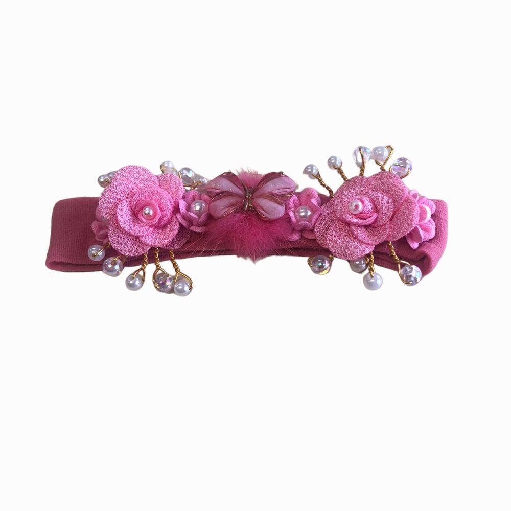 Faixa de Cabelo Bebê Borboleta e Flores com Pérolas