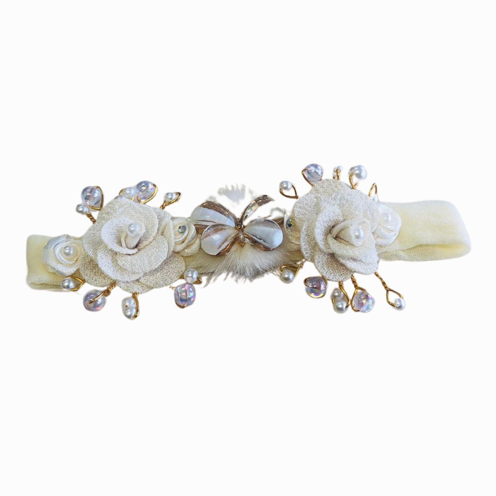 Faixa de Cabelo Bebê Borboleta e Flores com Pérolas