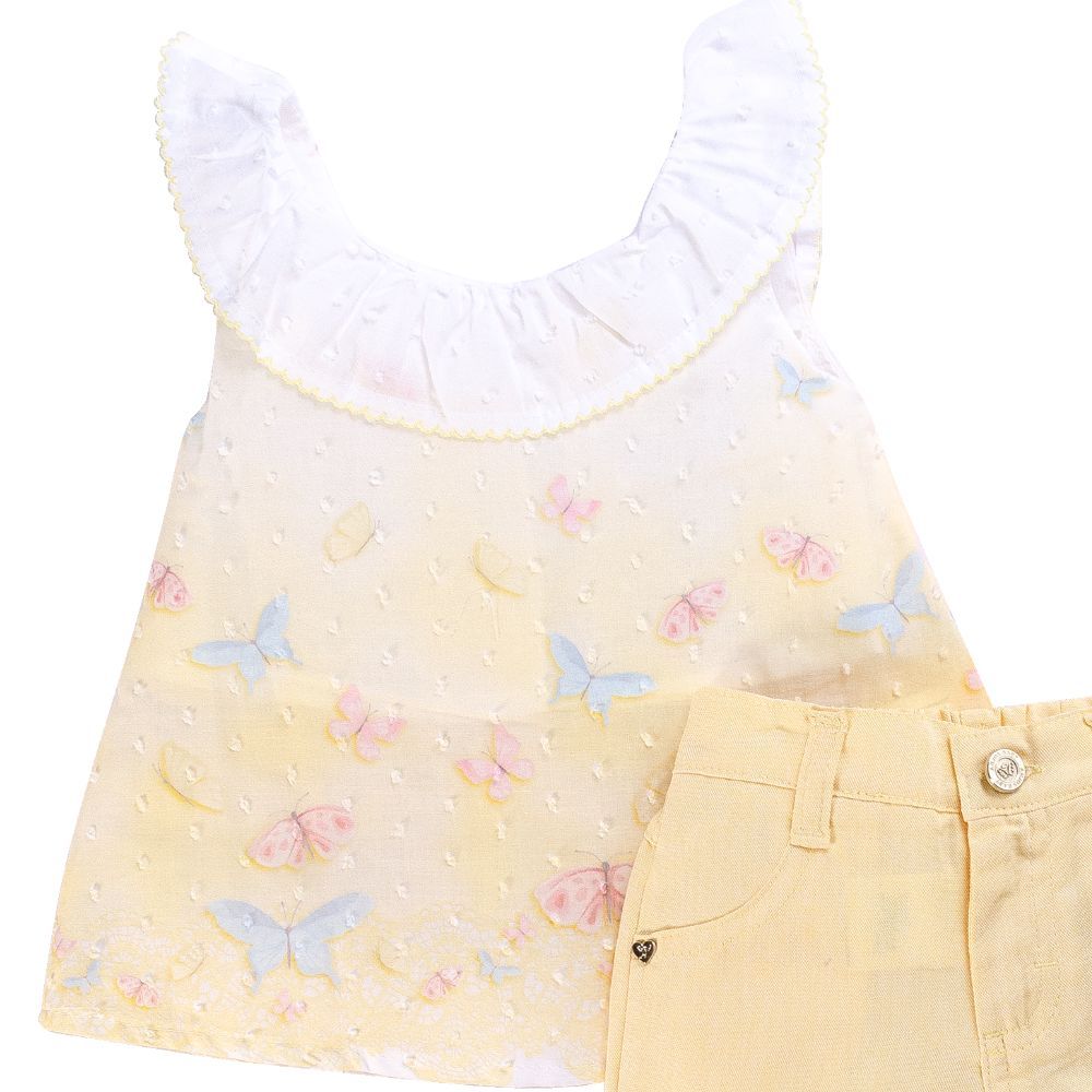 CONJUNTO BATA E SHORTS EM TECIDO BORBOLETAS 