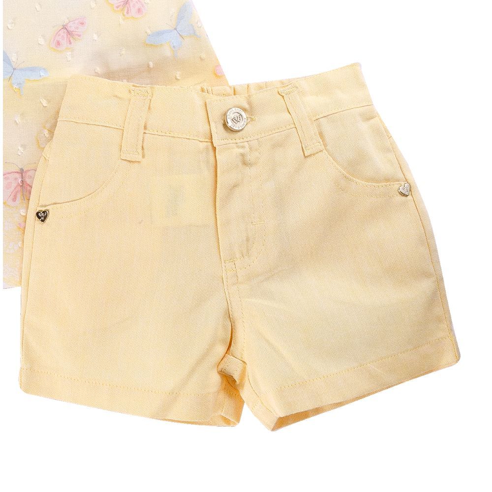 CONJUNTO BATA E SHORTS EM TECIDO BORBOLETAS 