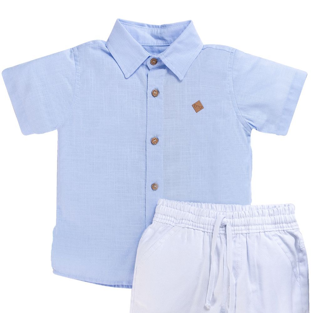 CONJUNTO CURTO INFANTIL MENINO AZUL E BERMUDA BRANCA