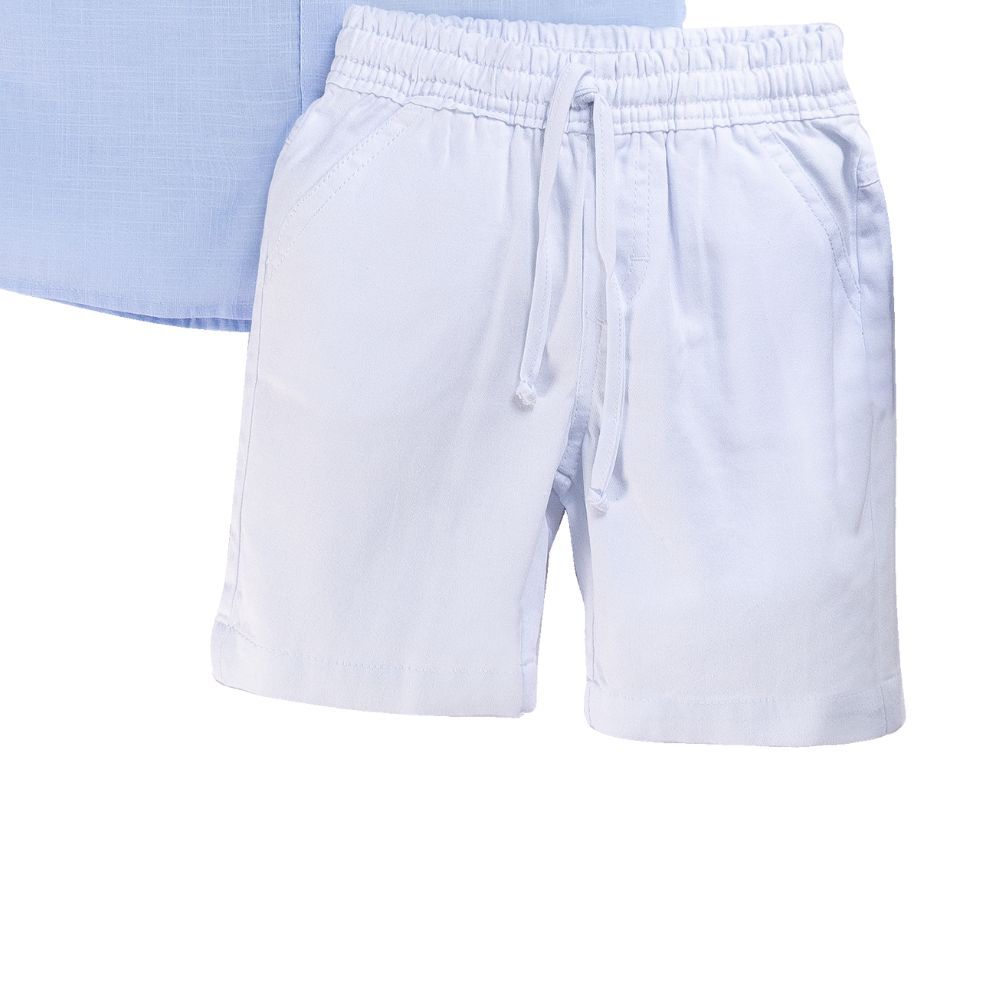 CONJUNTO CURTO INFANTIL MENINO AZUL E BERMUDA BRANCA
