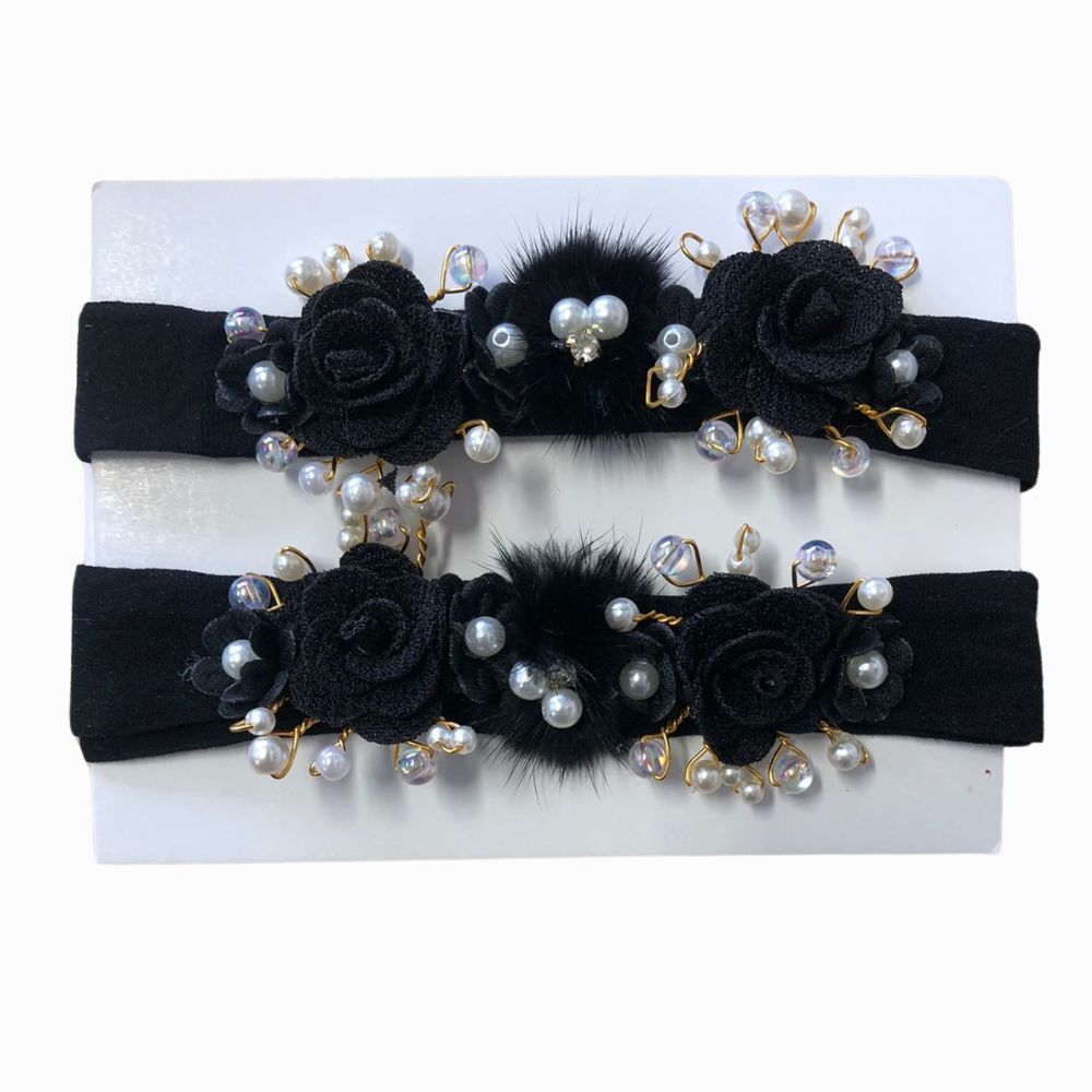 Faixa de Cabelo Bebê  Preta Flores com Pérolas