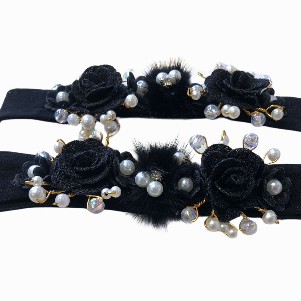 Faixa de Cabelo Bebê  Preta Flores com Pérolas