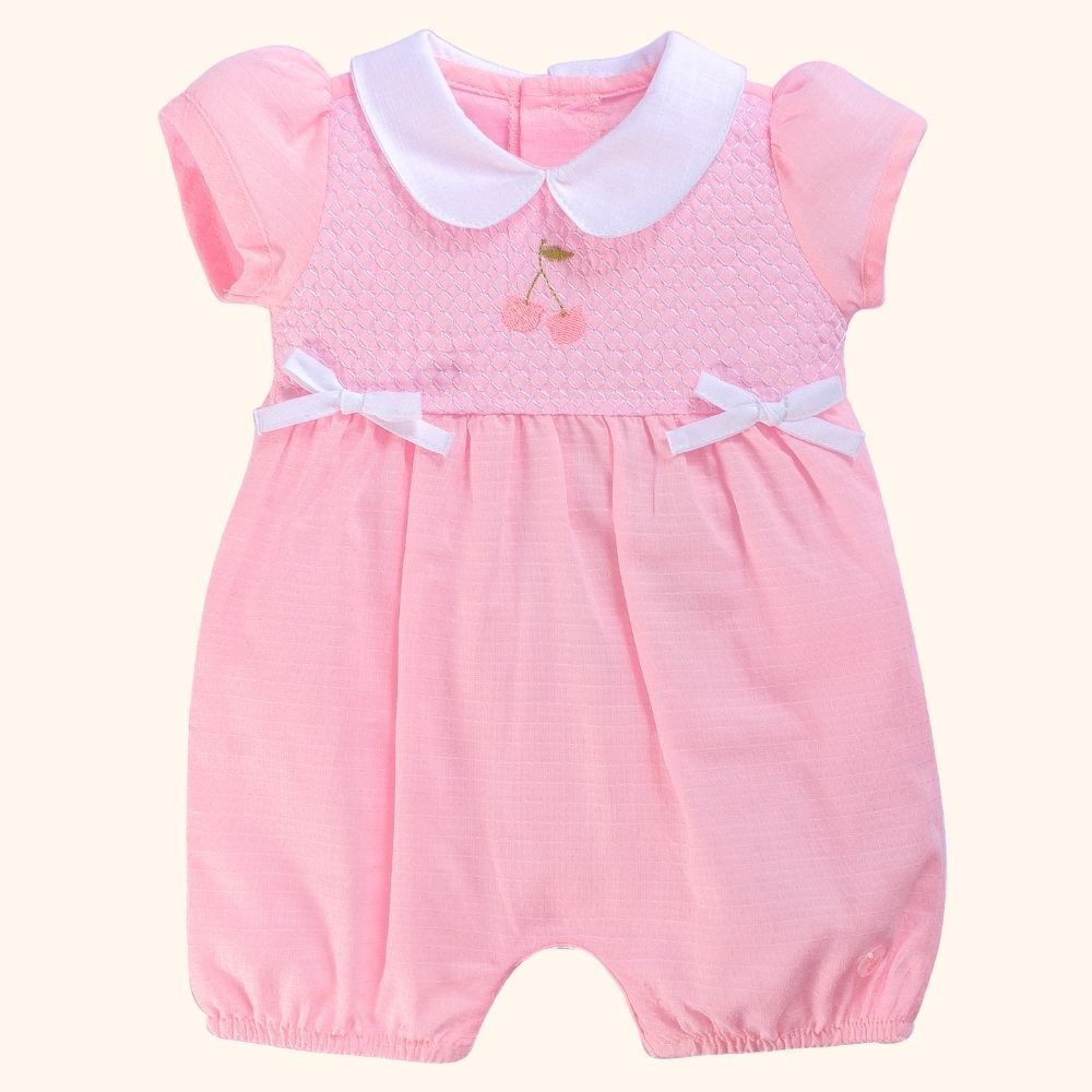 MACACÃO CURTO BEBÊ MENINA ROSA COM LACINHOS