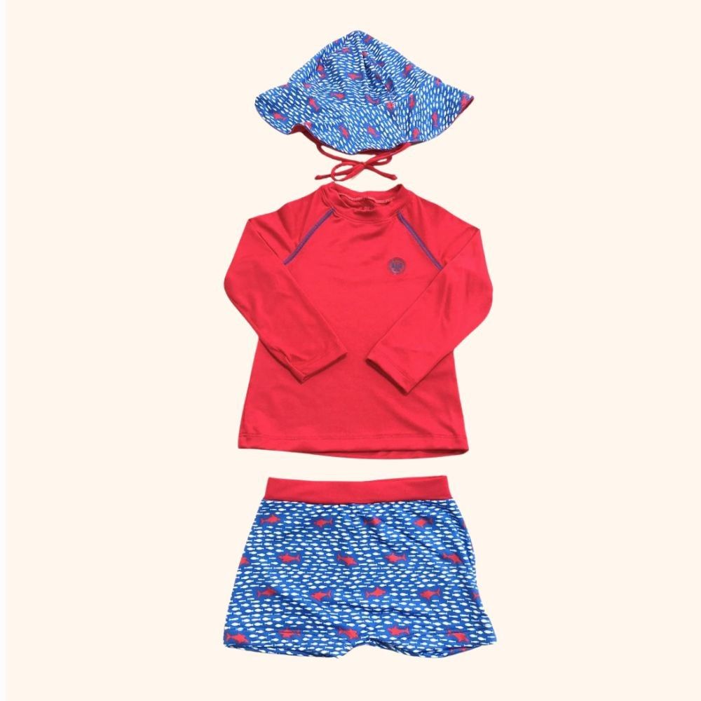 CONJUNTO PRAIA INFANTIL MENINO 3 PEÇAS COM PROTEÇÃO SOLAR