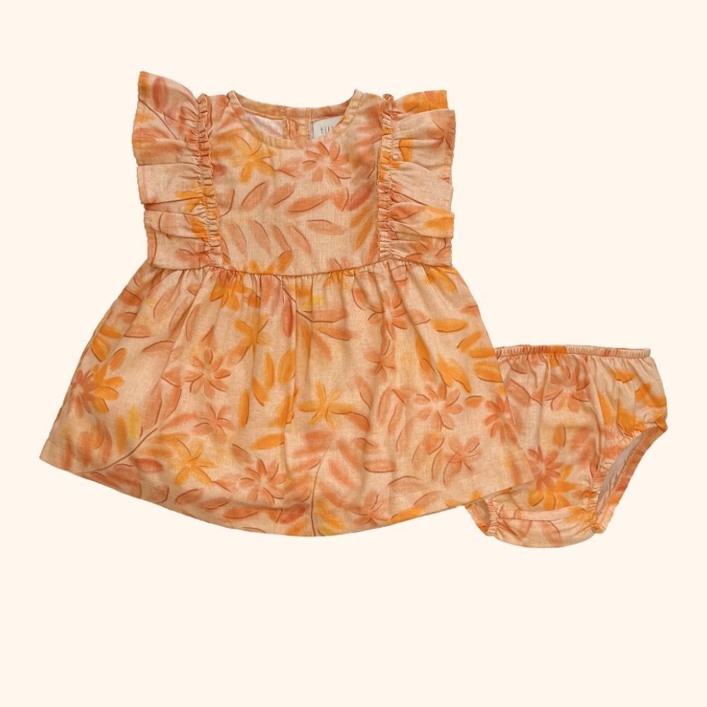 VESTIDO FLORAL LARANJA COM CALCINHA PARA BEBÊ