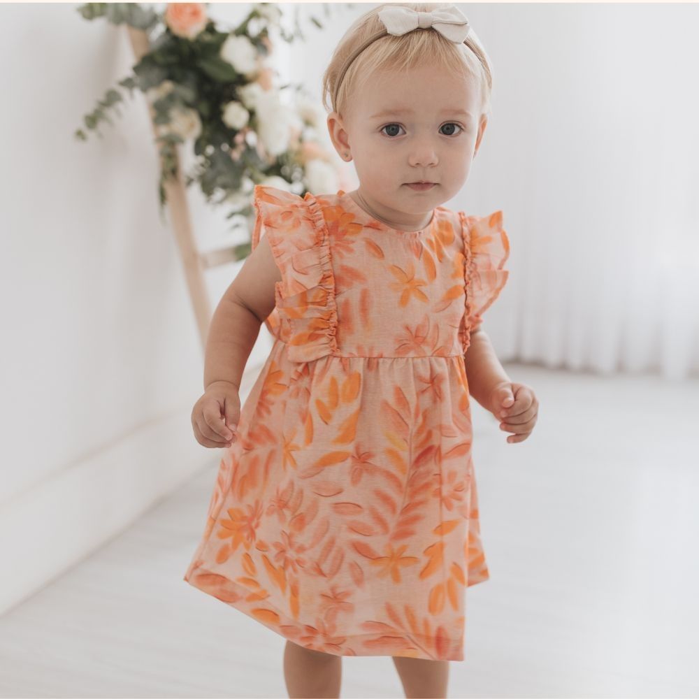VESTIDO INFANTIL FLORAL LARANJA COM  CALCINHA