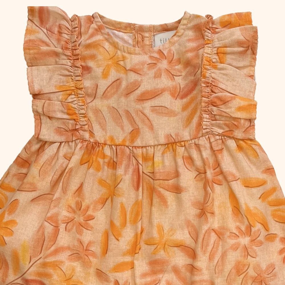 VESTIDO INFANTIL FLORAL LARANJA COM  CALCINHA
