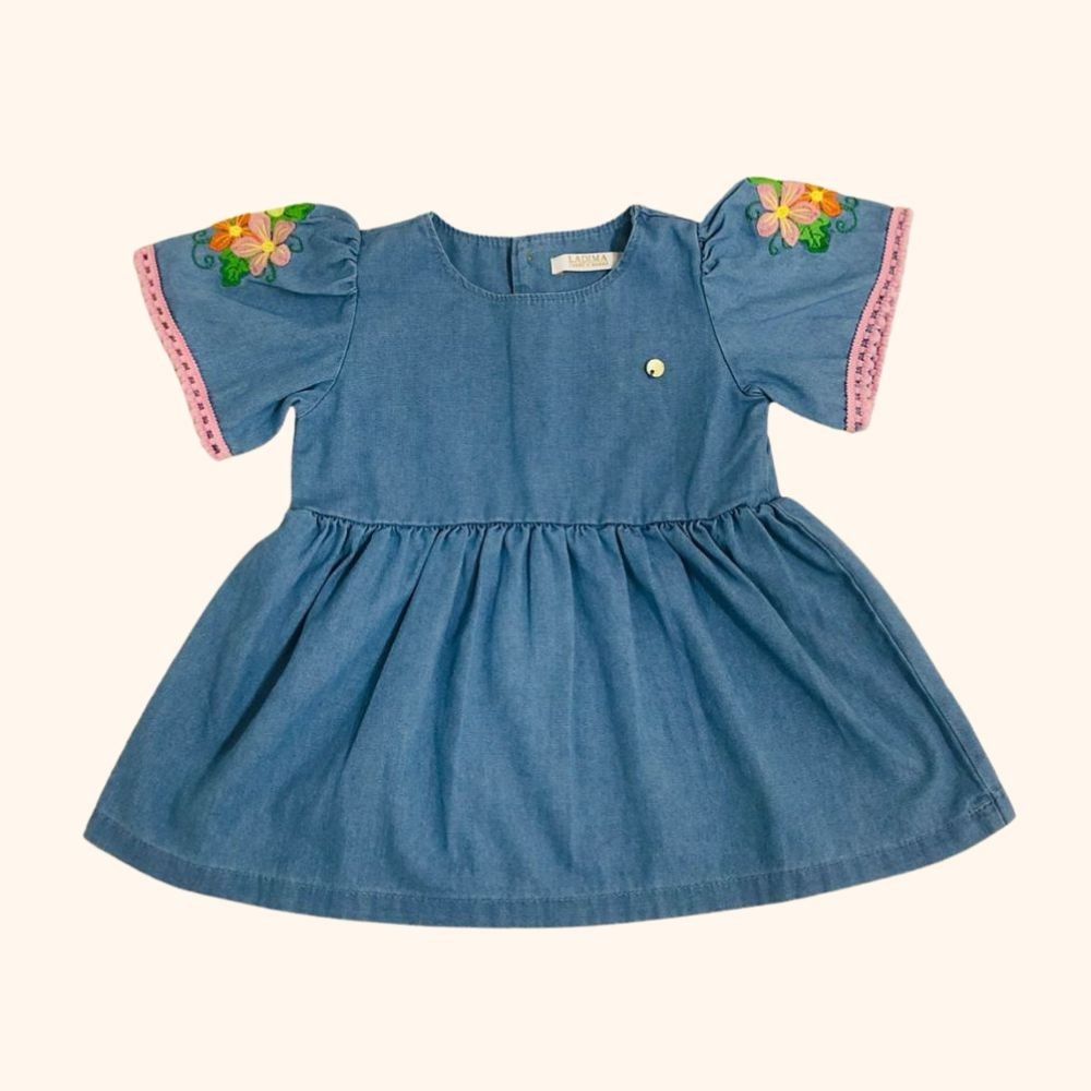 VESTIDO JEANS MANGA BORDADA  PARA BEBÊ