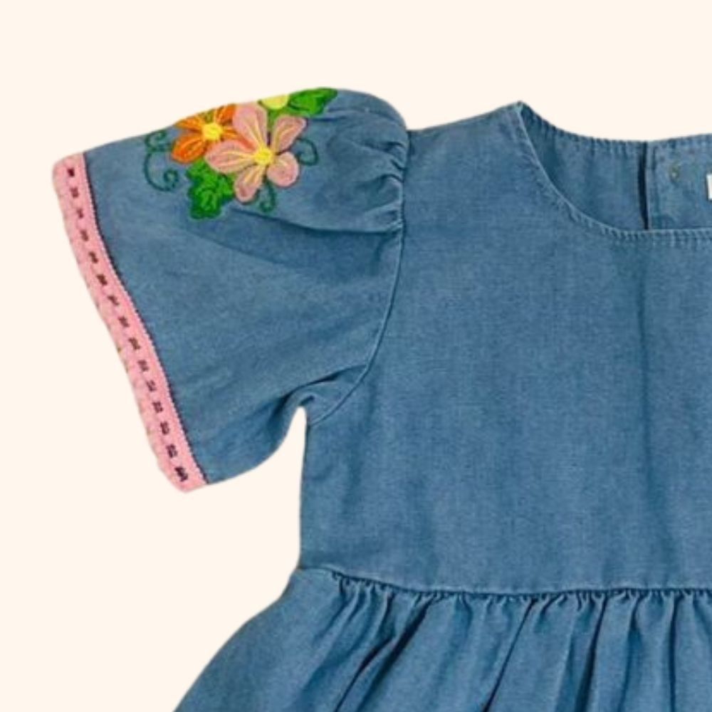 VESTIDO JEANS MANGA BORDADA  PARA BEBÊ