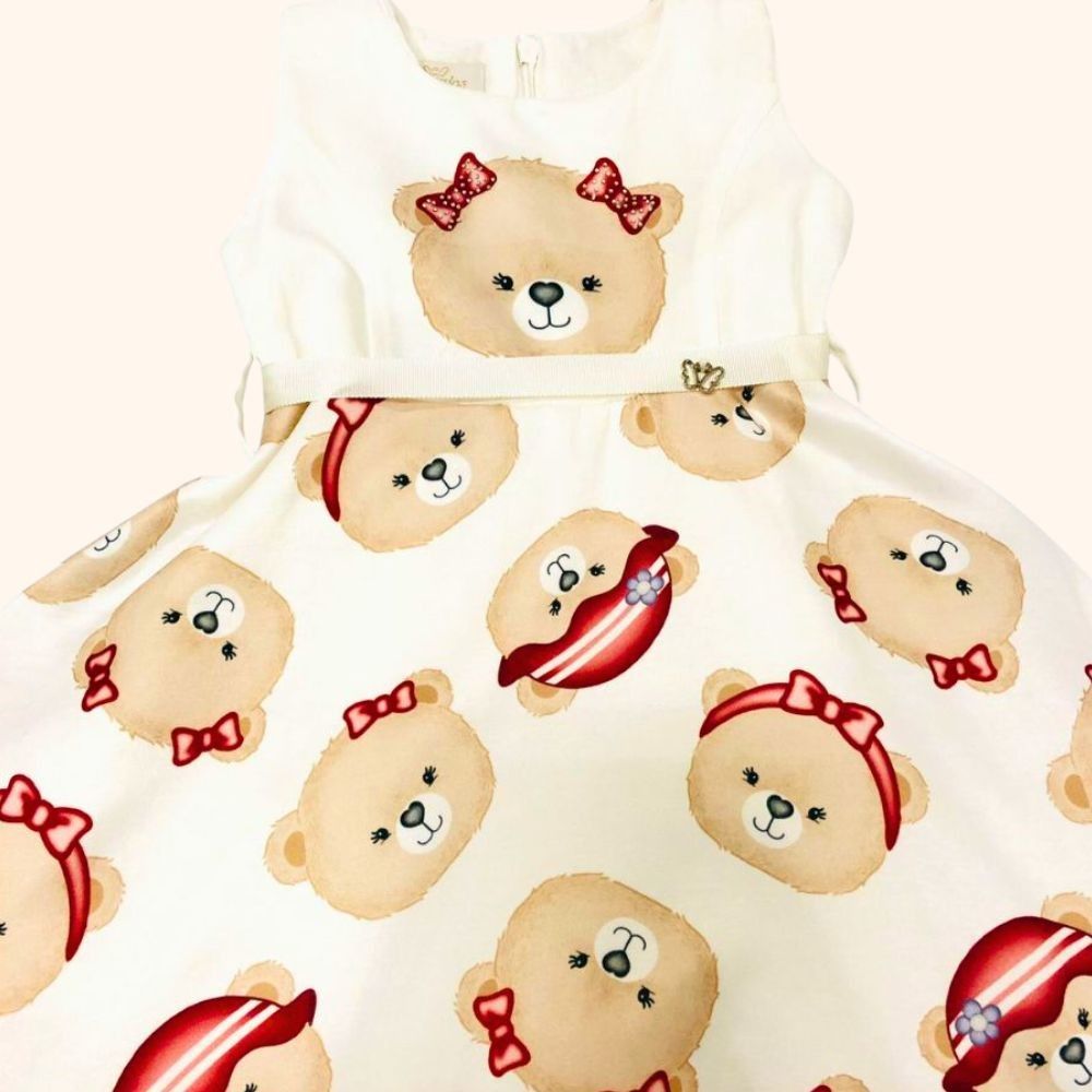 VESTIDO INFANTIL  URSINHA COM LAÇOS VERMELHOS