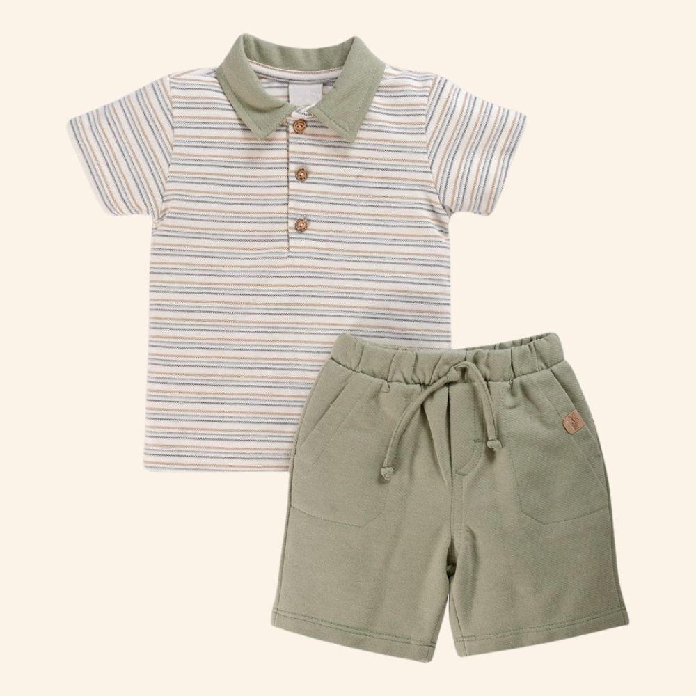 CONJUNTO BEBÊ MENINO CAMISETA POLO LISTRADA E BERMUDA