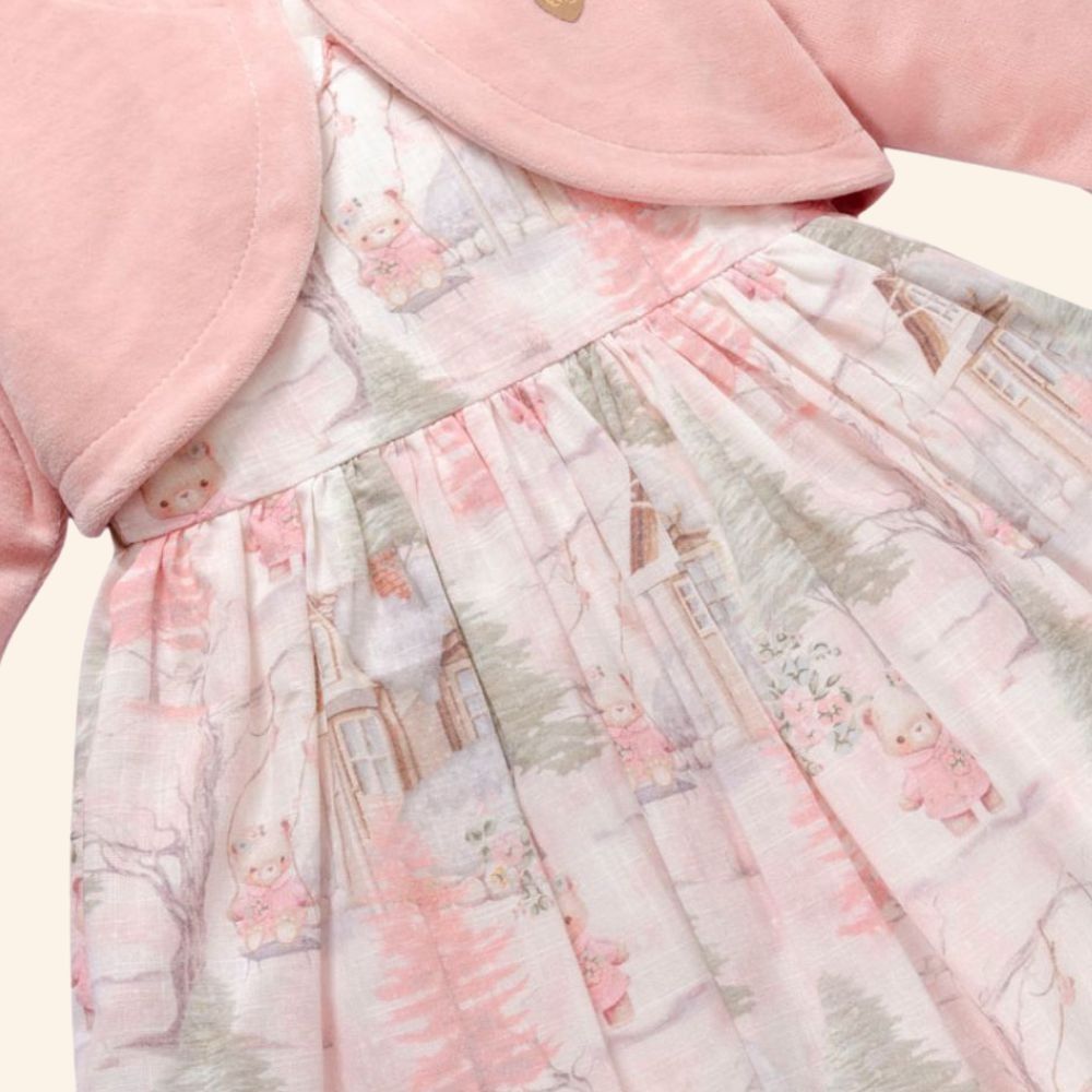 VESTIDO INFANTIL COM BOLERINHO EM PULSH ESTAMPA URSINHA