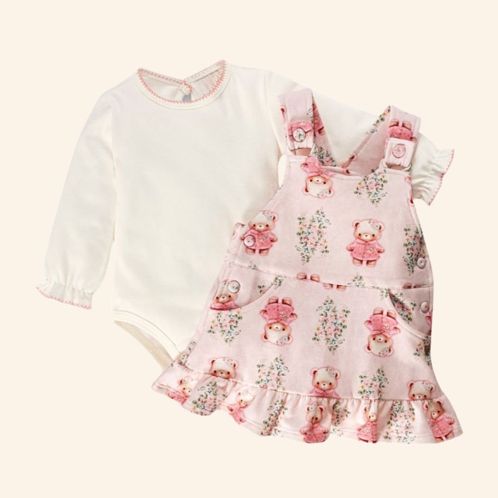 CONJUNTO BEBÊ FLORES BODY MANGA LONGA E SALOPETE