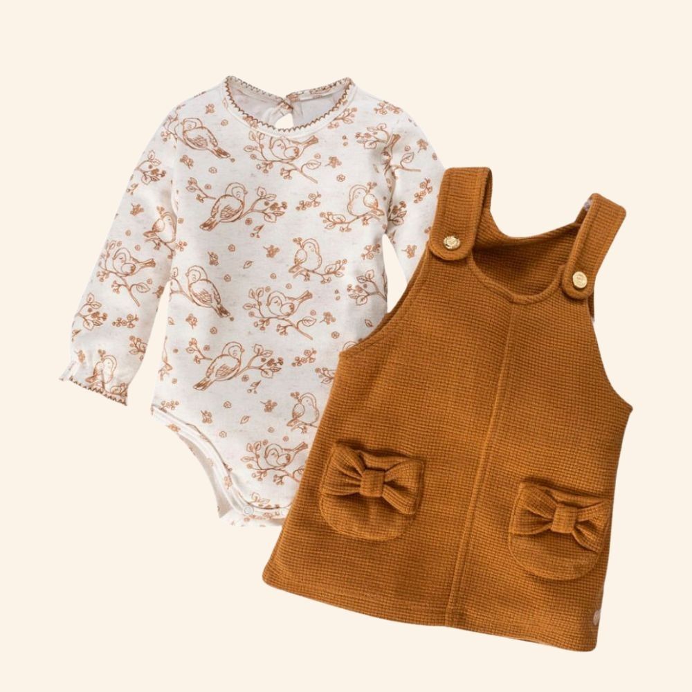 CONJUNTO INFANTIL  MENINA PASSARINHOS BODY MANGA LONGA  E SALOPETE 