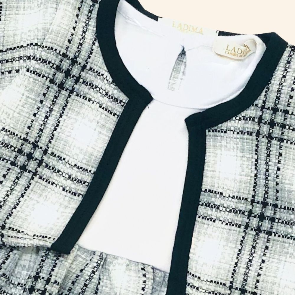 CONJUNTO DE FESTA BEBÊ BODY COM SAIA E CASACO BOLERO XADREZ 