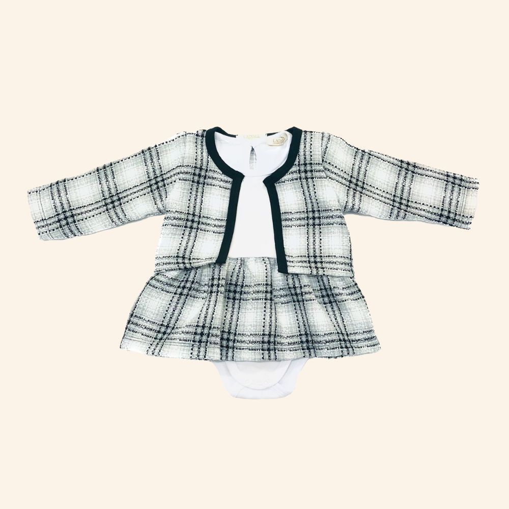 CONJUNTO DE FESTA BEBÊ BODY COM SAIA E CASACO BOLERO XADREZ 