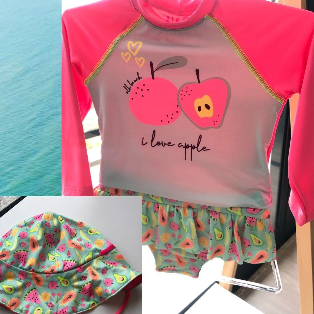 CONJUNTO PRAIA INFANTIL MENINA 3 PEÇAS COM PROTEÇÃO SOLAR
