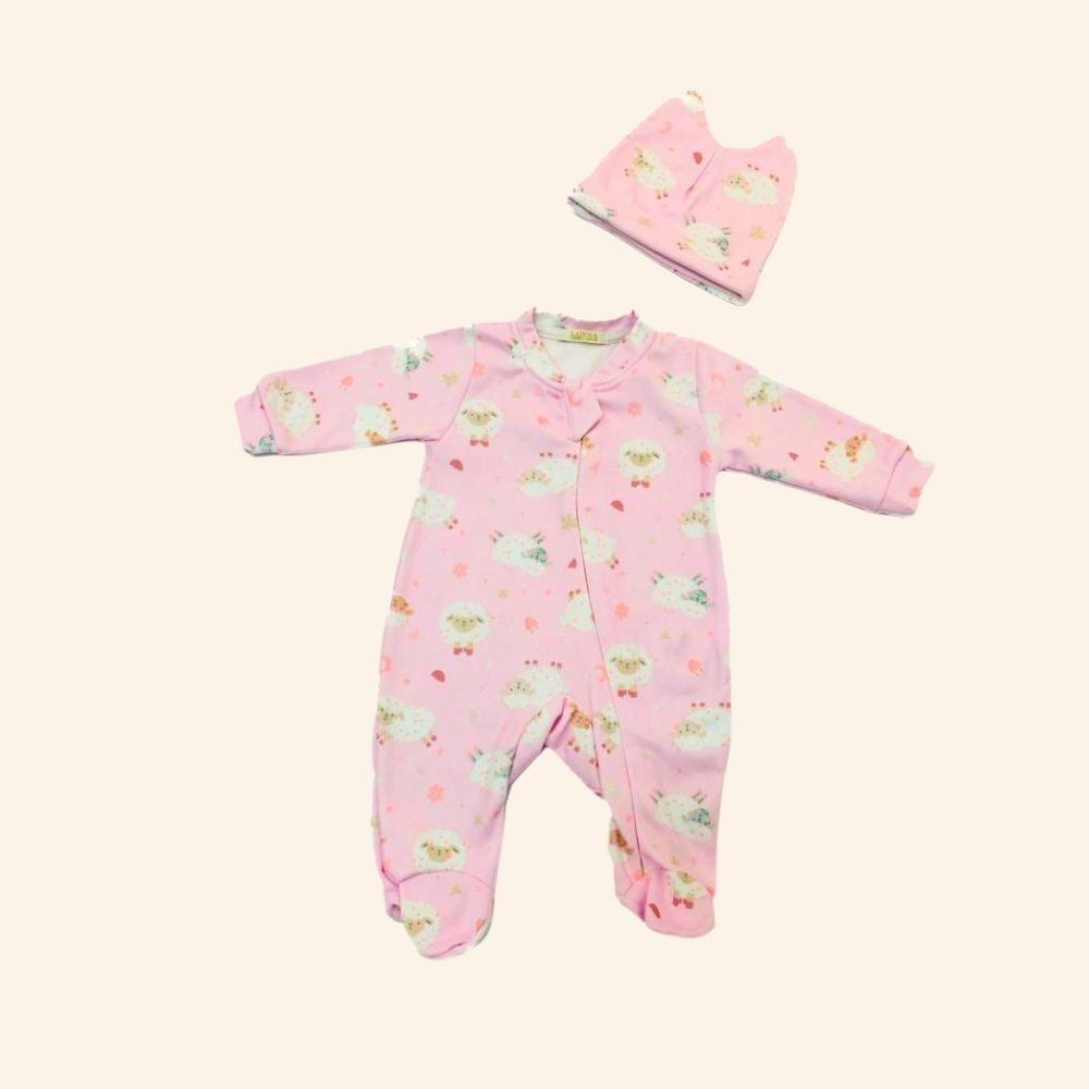 MACACÃO PIJAMINHA CARNEIRINHOS  BEBÊ MENINA COM GORRO COMBINANDO