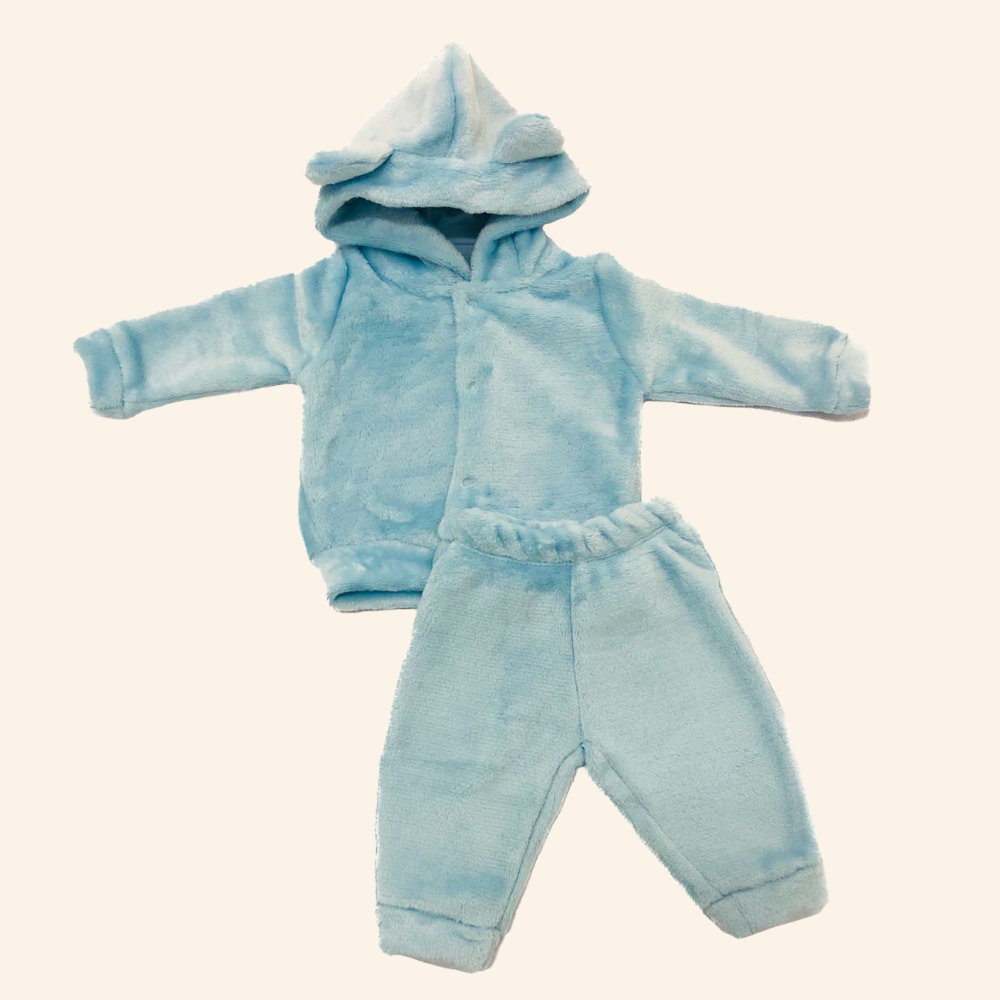 CONJUNTO BEBÊ MENINO DE PELÚCIA CAPUZ COM ORELHINHAS E CALÇA