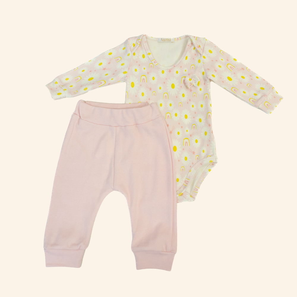 CONJUNTO BODY ESTAMPA MARGARIDAS E CALÇA ROSA