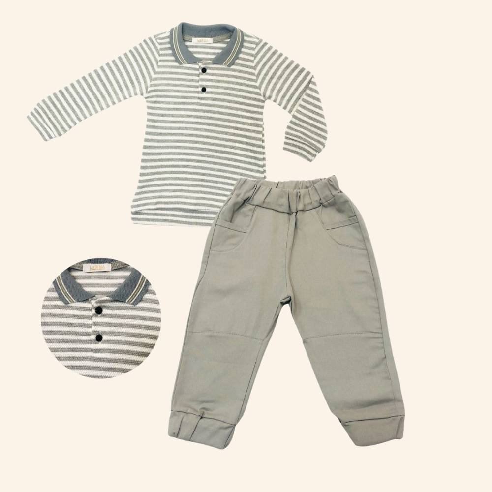 CONJUNTO MENINO BLUSA LISTRADA GOLA POLO E CALÇA CINZA