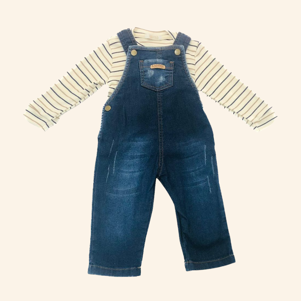 CONJUNTO BEBÊ MENINO COM JARDINEIRA JEANS E BLUSA LISTRADA