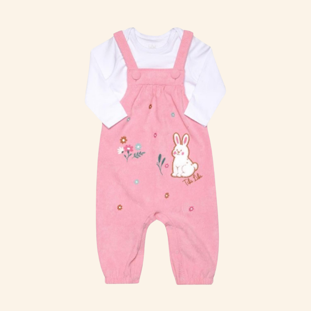 CONJUNTO BLUSA MANGA LONGA E JARDINEIRA EM VELUDO COTELÊ ROSA