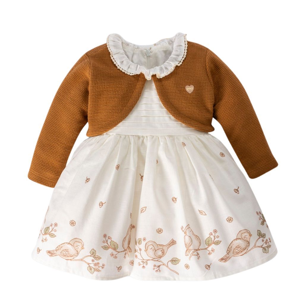   VESTIDO PASSARINHOS BEBÊ MANGA CURTA COM BOLERINHO
