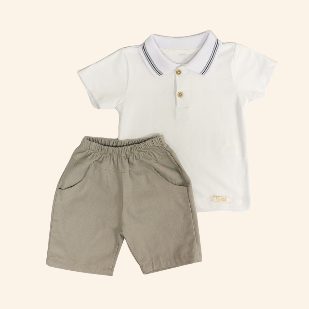 CONJUNTO CAMISA POLO BRANCA E BERMUDA CINZA