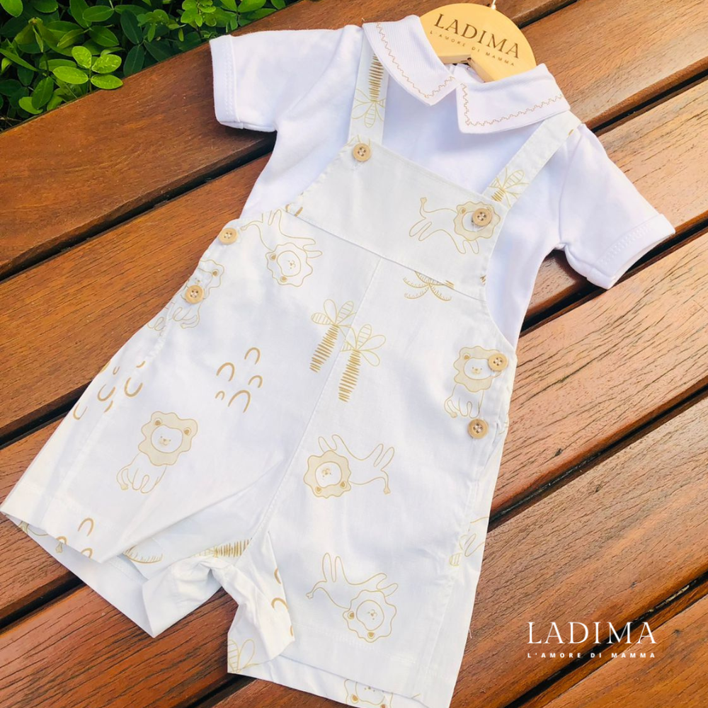 CONJUNTO JARDINEIRA CURTA LEÕEZINHOS BEBÊ COM BODY