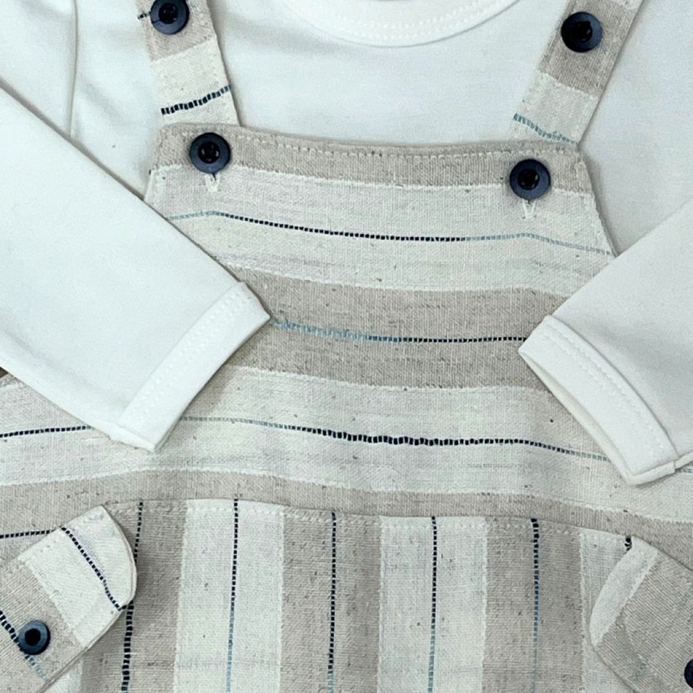 CONJUNTO LONGO BEBÊ MENINO BODY E JARDINEIRA LISTRADA