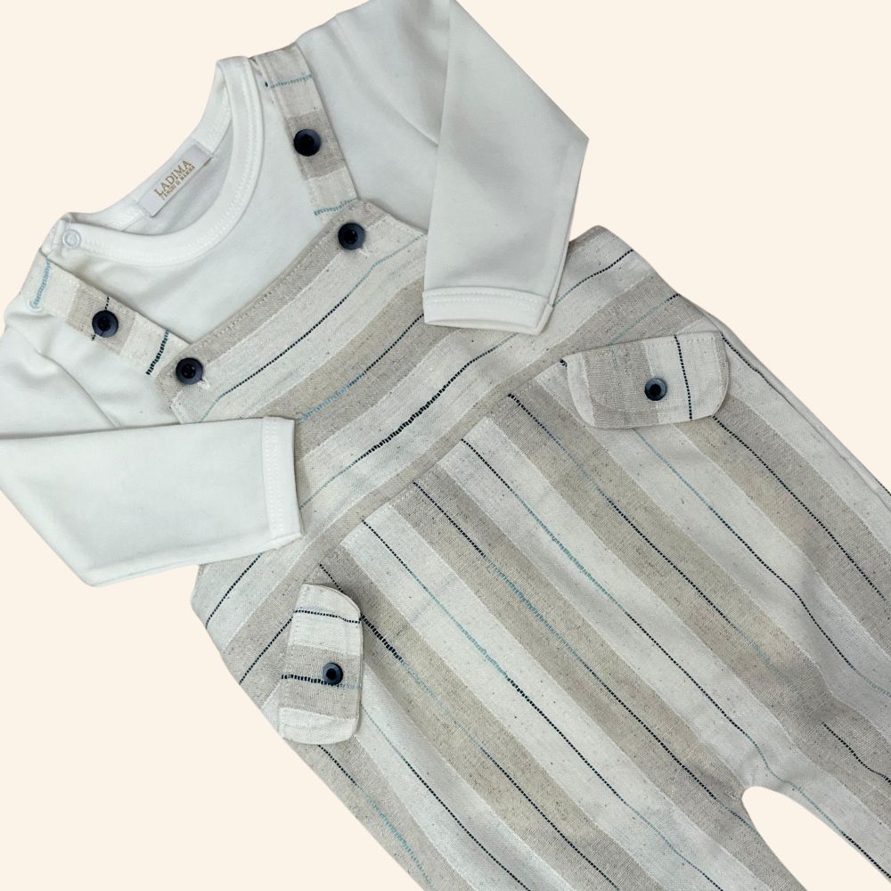 CONJUNTO LONGO BEBÊ MENINO BODY E JARDINEIRA LISTRADA