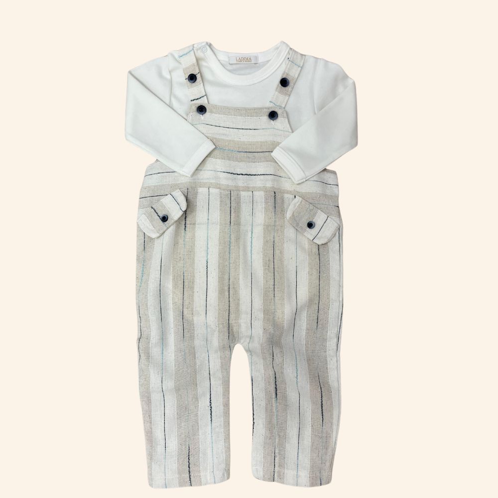 CONJUNTO LONGO BEBÊ MENINO BODY E JARDINEIRA LISTRADA