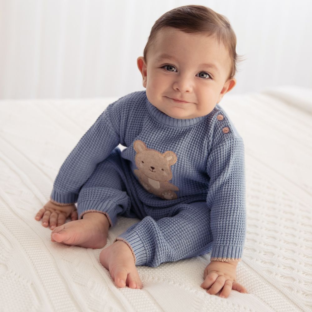 CONJUNTO BEBÊ MENINO  BLUSA E CALÇA EM TRICÔ URSINHO AZUL
