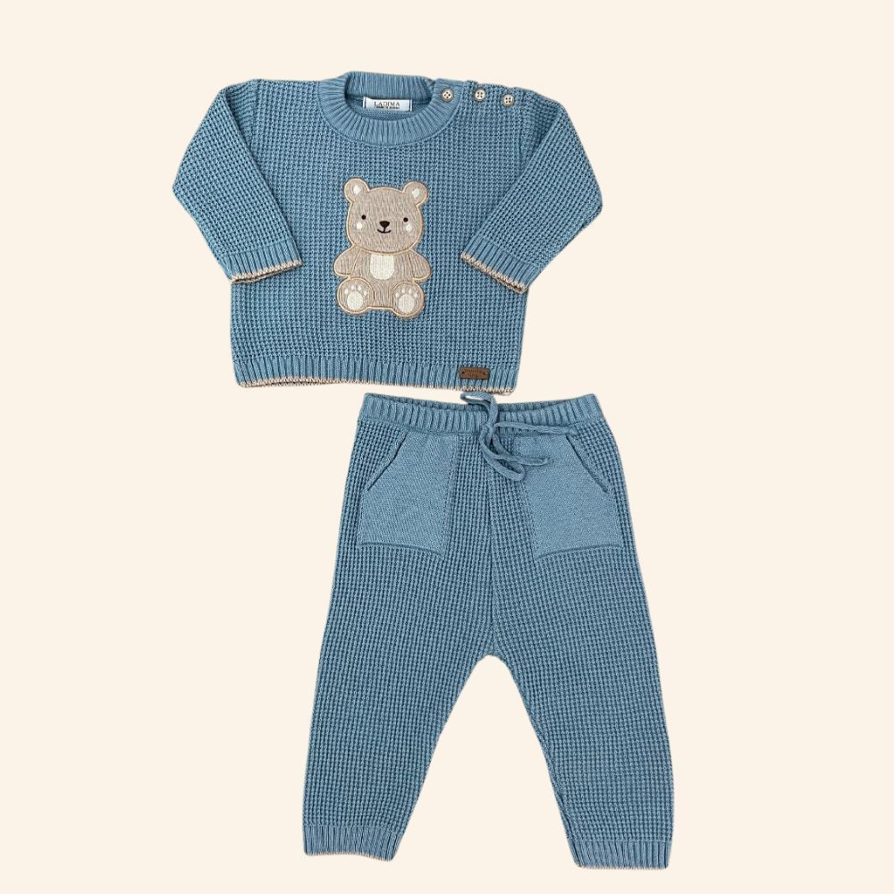 CONJUNTO BEBÊ MENINO  BLUSA E CALÇA EM TRICÔ URSINHO AZUL
