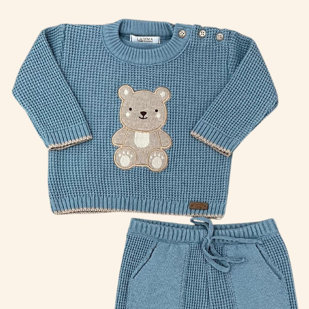 CONJUNTO BEBÊ MENINO  BLUSA E CALÇA EM TRICÔ URSINHO AZUL