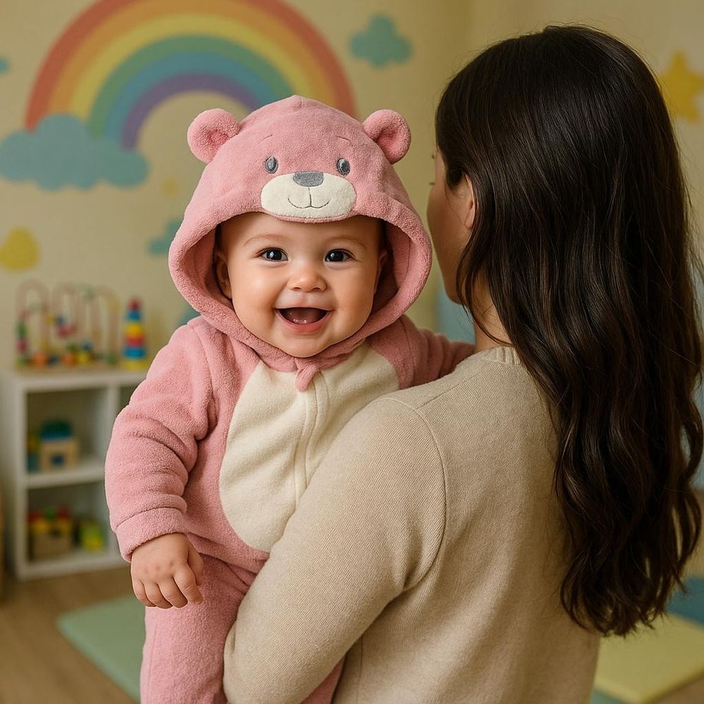 Macacão Bebê Menina Capuz Interativo de Ursinho Fantasia